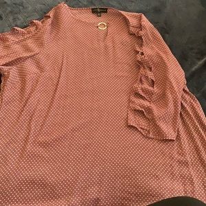 Women’s Pink & White Mini Polka Peek a Boo Stripped Sleeve Blouse 2XL